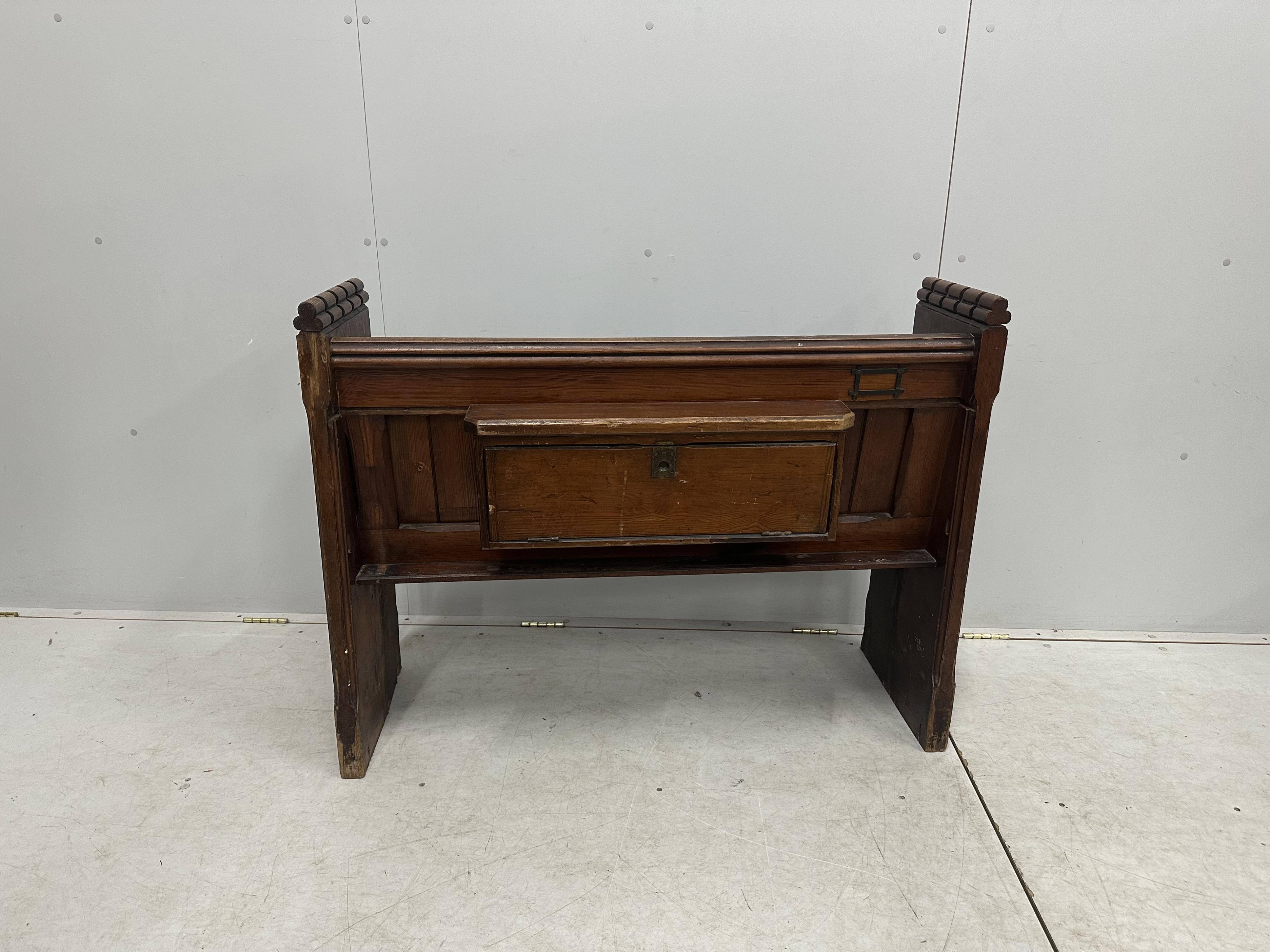 A Victorian pitch pine pew, width 113cm, depth 45cm, height 87cm. Condition - fair